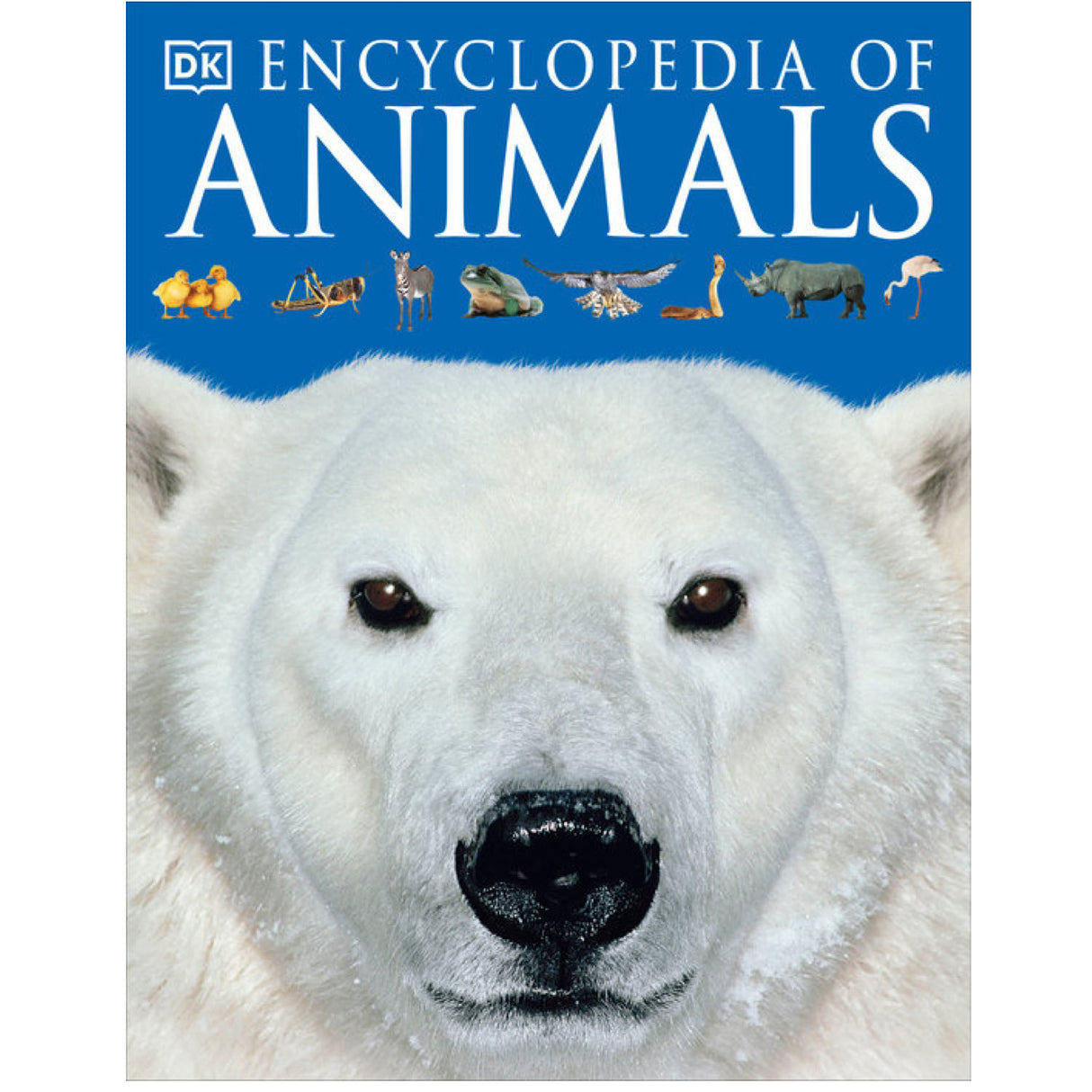Encyclopedia of Animals book cover featuring a close-up of a polar bear's face and animal illustrations on blue background.