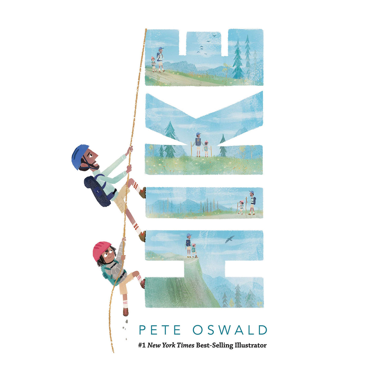 Cover of Hike showing a father and child climbing with rope against a backdrop of nature scenes in the text.