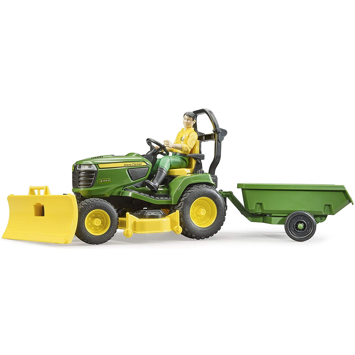 Gardener & Lawn Tractor toy model with driver, green mower, yellow plow, and tilting green trailer for gardening play.