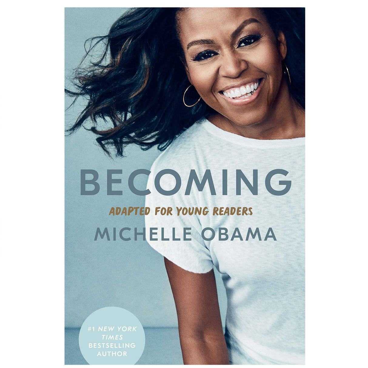 Cover of Becoming - Adapted for Young Readers by Michelle Obama featuring a smiling portrait of Michelle Obama.