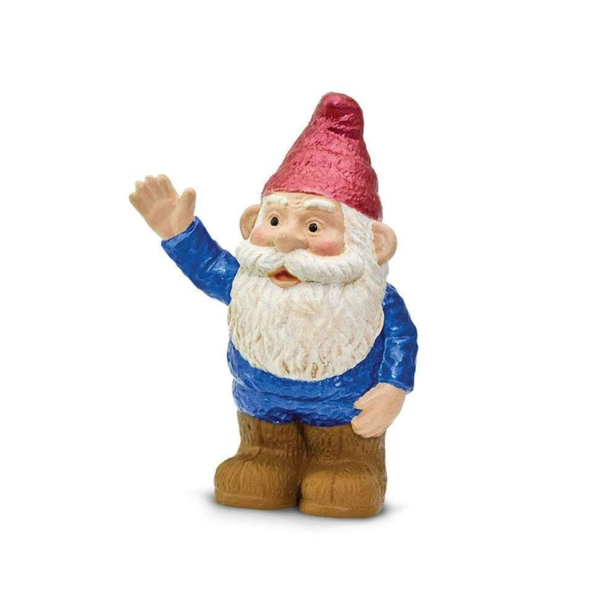 Gnorman the Gnome figurine wearing a red hat, blue shirt, and brown boots with a friendly wave gesture.