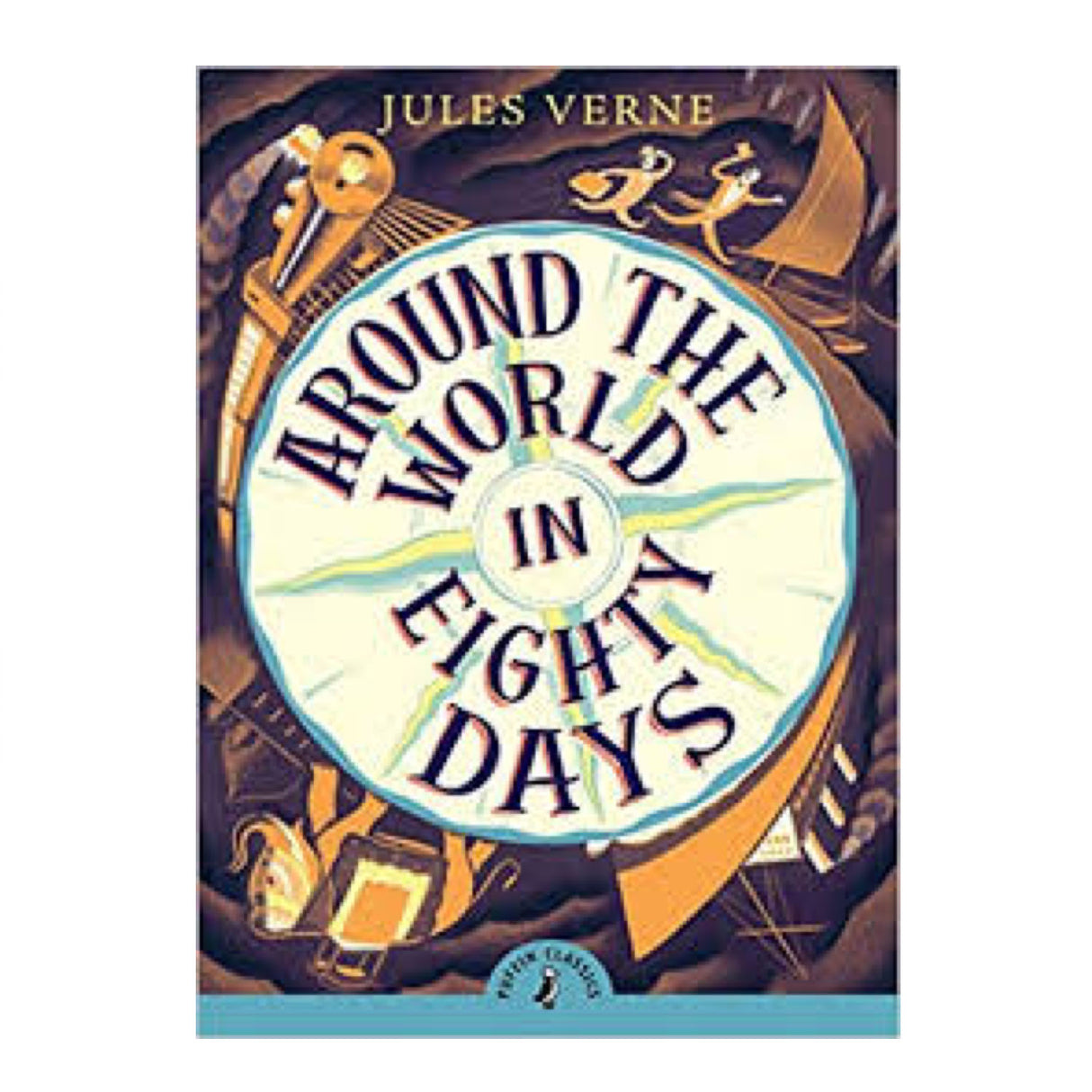Around the World in 80 Days book cover featuring a vintage clock and adventurous travel illustrations by Jules Verne.