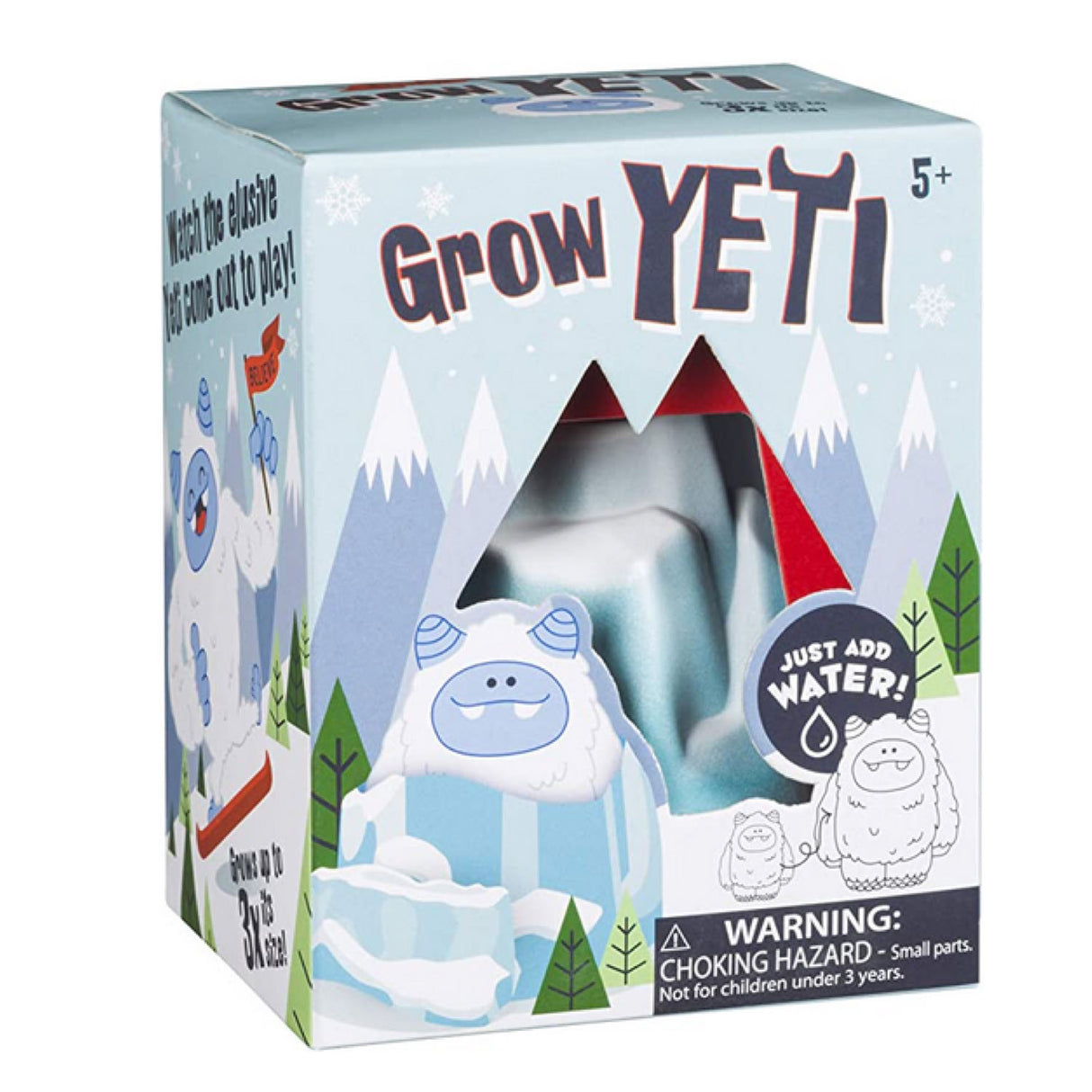 Hatchin Grow Yeti toy in packaging showing snowy mountain design, grows 3 times size when water added, ages 5 and up