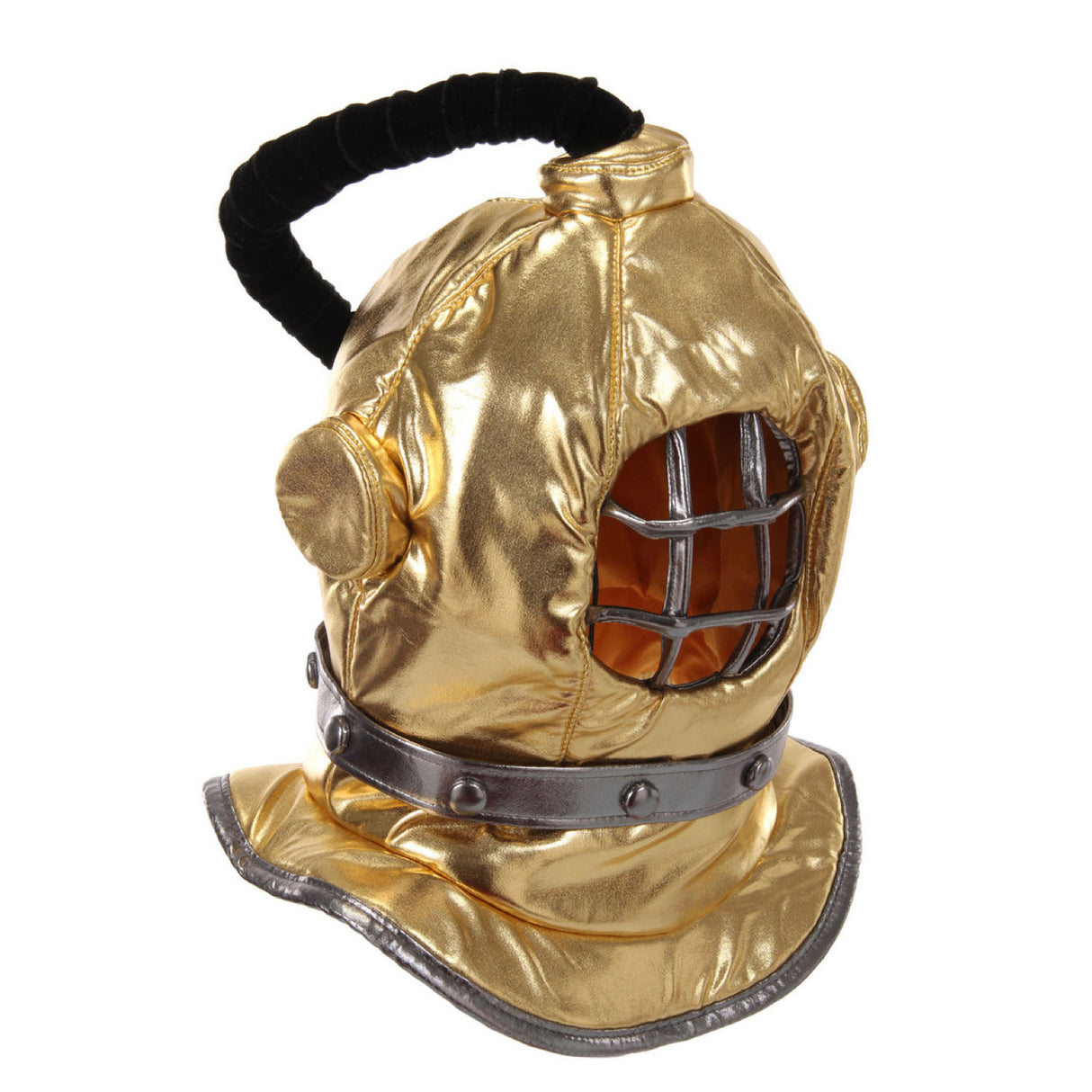 Gold lamé Diving Bell Plush Helmet with adjustable size, cotton lining, and vintage deep-sea diving design.