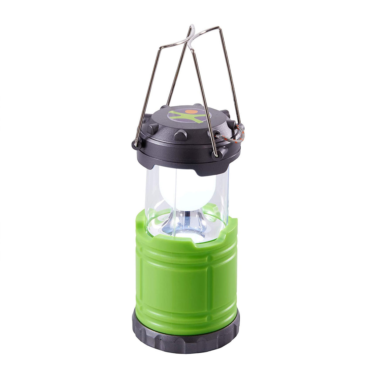 Camping Lantern with six LEDs, green base, metal handles for hanging, perfect for camping and outdoor use.