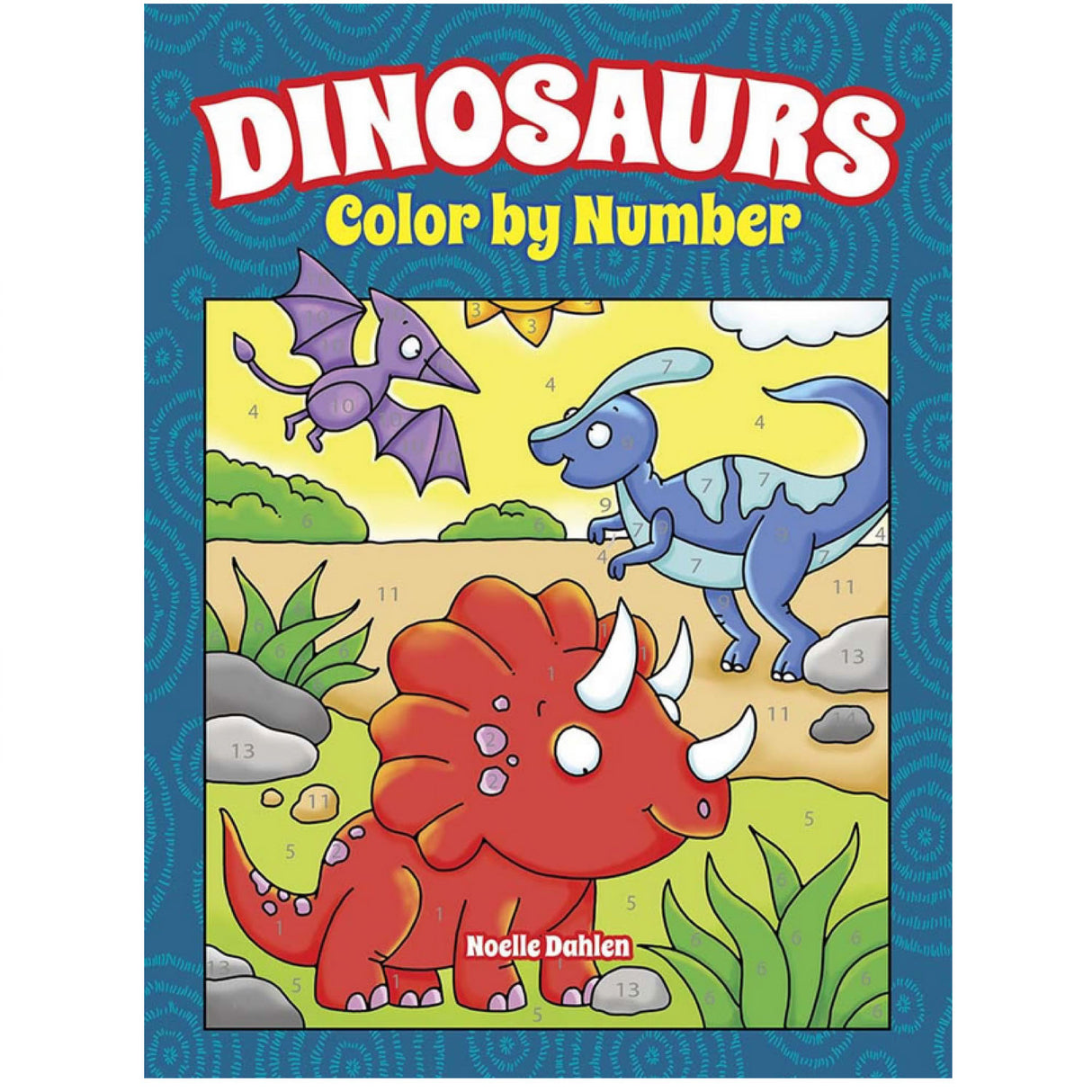 Color by Number Dinos Coloring Book cover featuring playful dinosaurs with numbered sections for kids ages 4 and up.