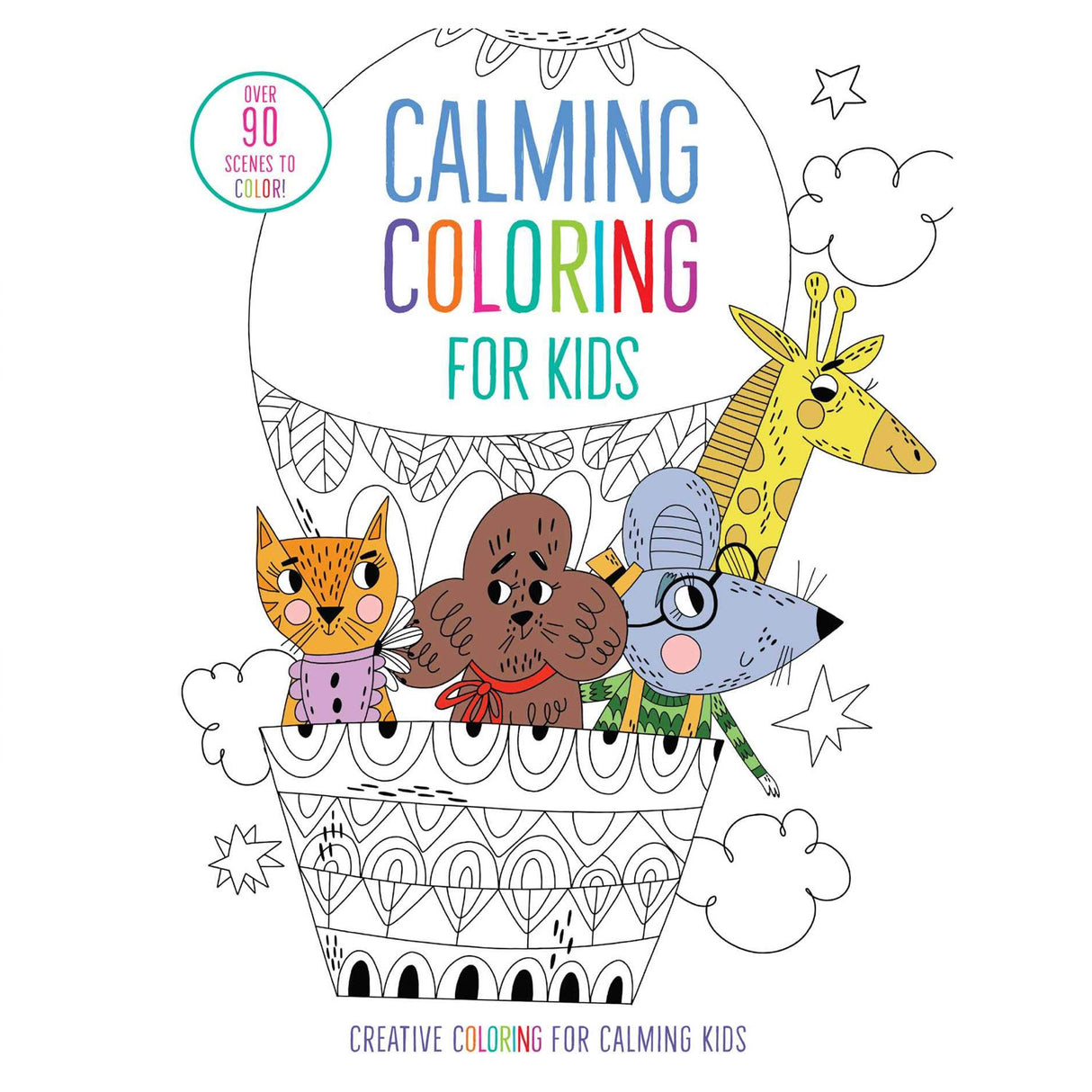 Calming Coloring For Kids cover with cartoon animals in a hot air balloon and over 90 scenes to color for mindfulness.
