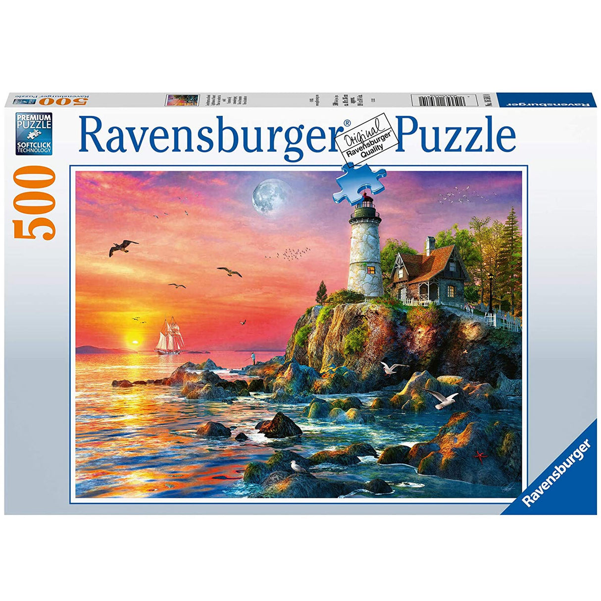 500pc Lighthouse at Sunset Puzzle showing a lighthouse, stone cottage, sailing ship, and seagulls at sunset over the sea.