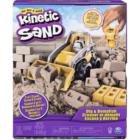 Kinetic Sand Dig & Demolish playset with 2-in-1 construction truck, brick molds, and brown kinetic sand for building and crushing.