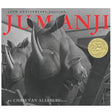 Jumanji book cover showing two rhinoceroses bursting through house walls in a fantasy adventure scene.