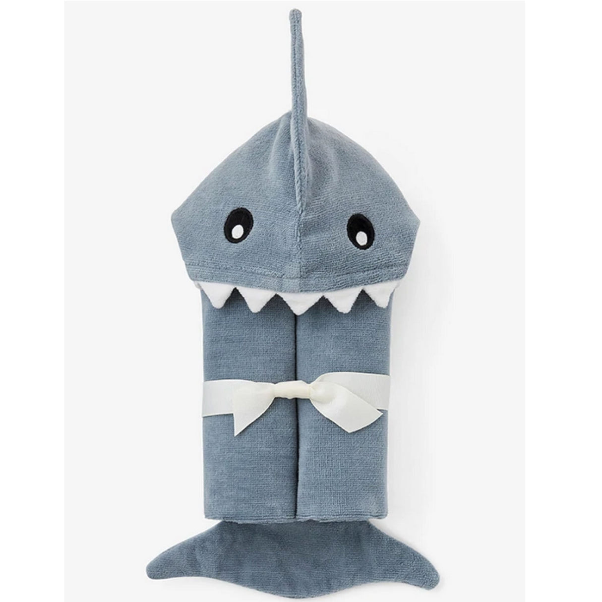 Hooded Bath Towel Shark features a soft blue shark design with eyes, teeth, and tail made from 100% cotton velour terry.