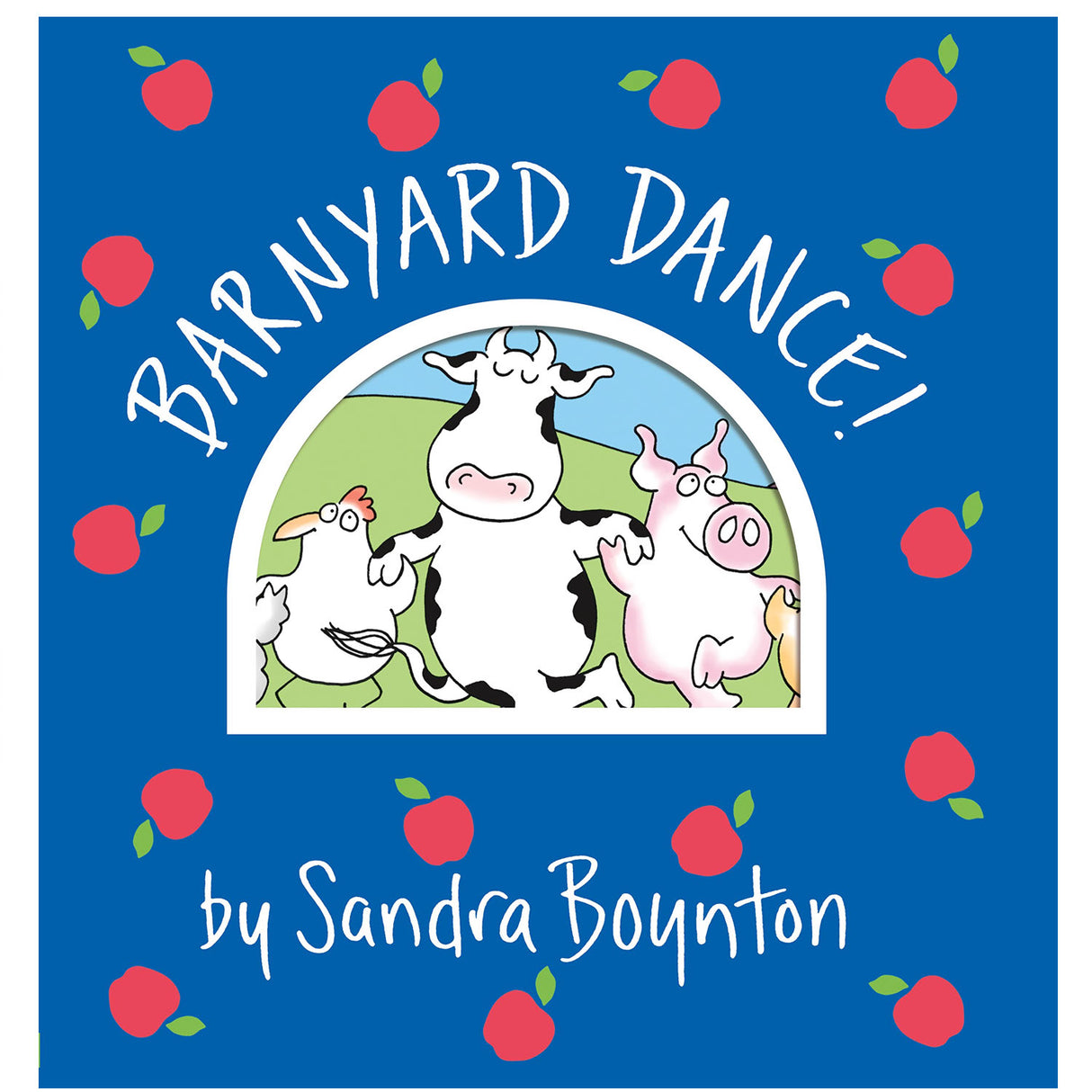 Barnyard Dance! board book cover featuring a cow, pig, and chicken with apples on a blue background.