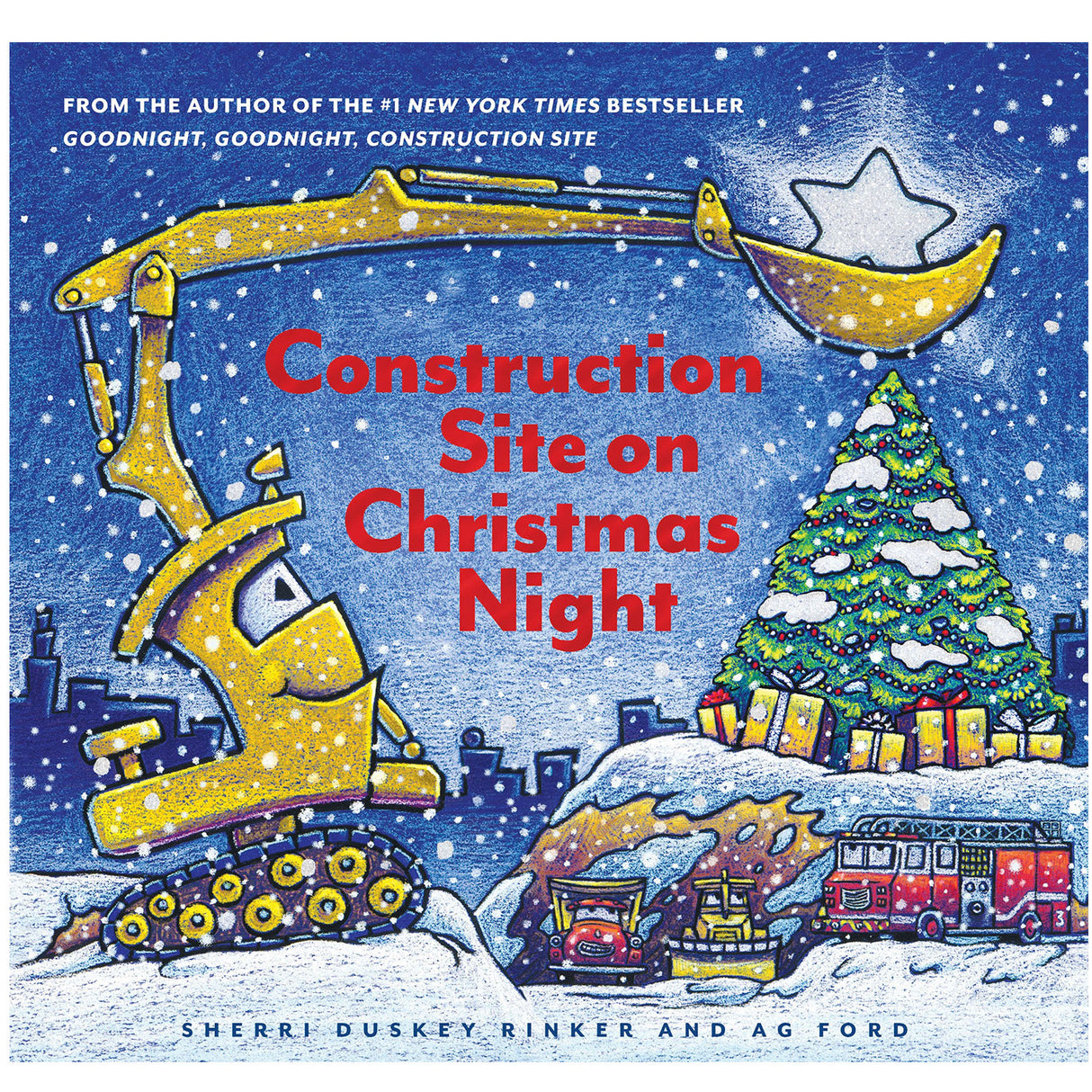 Cover of "Construction Site on Christmas" showing snowy construction vehicles, a decorated tree, and gifts at night.