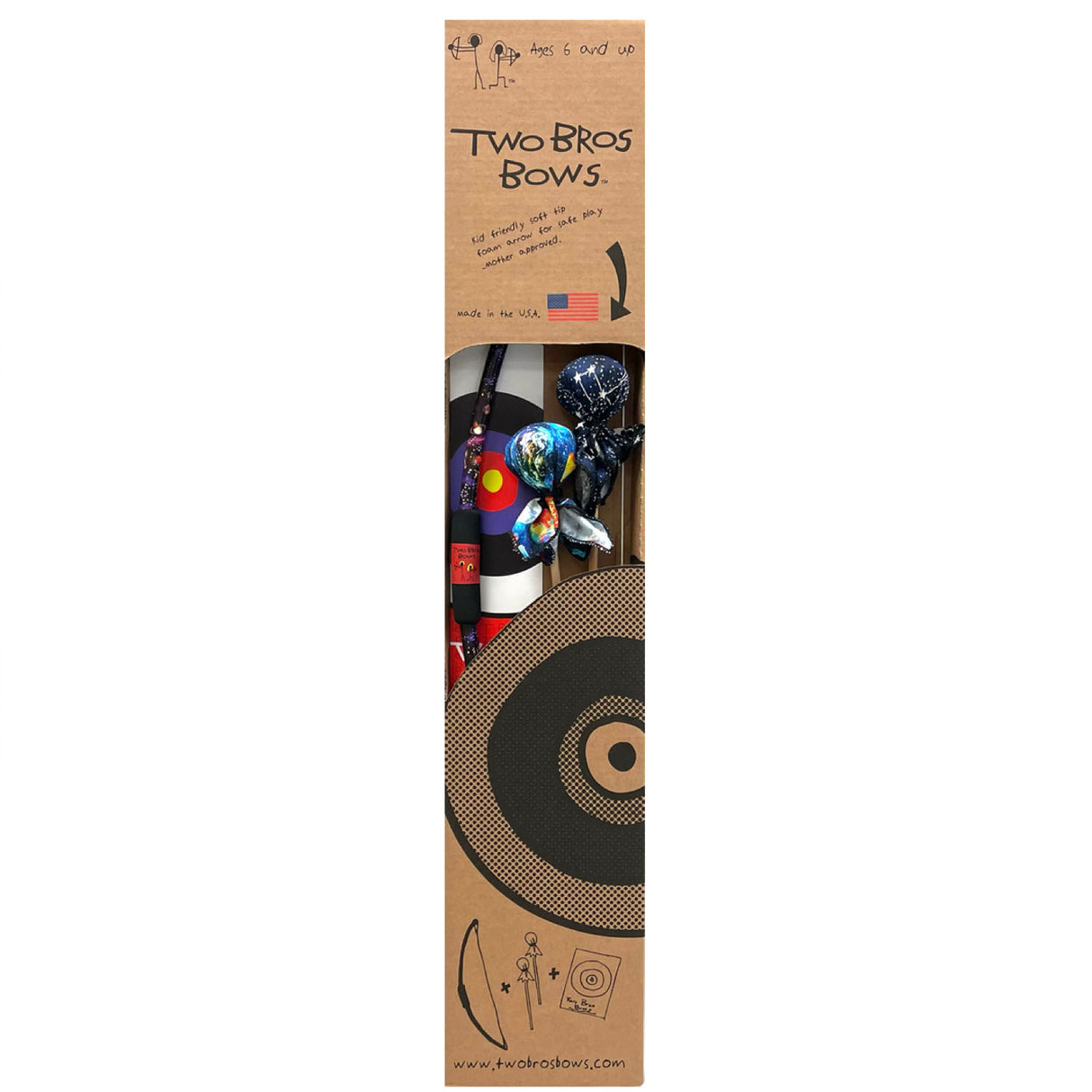 Two Bros Bow Set | Galaxy with soft tip foam arrows, paper target, and kid-friendly safe play packaging.