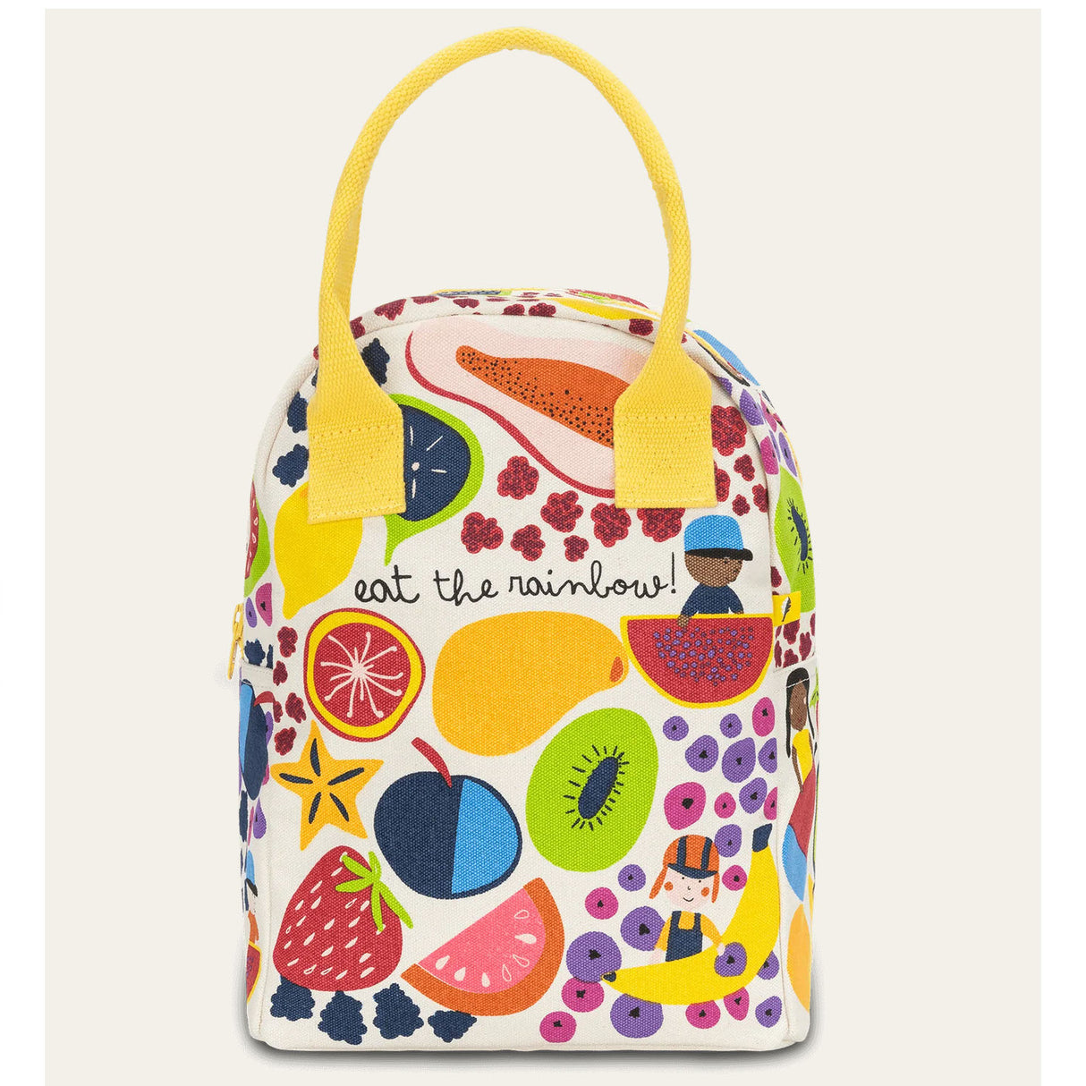 Zipper Lunch Bag | Eat the Rainbow with colorful fruit design, roomy, machine washable, organic cotton and sustainable materials.