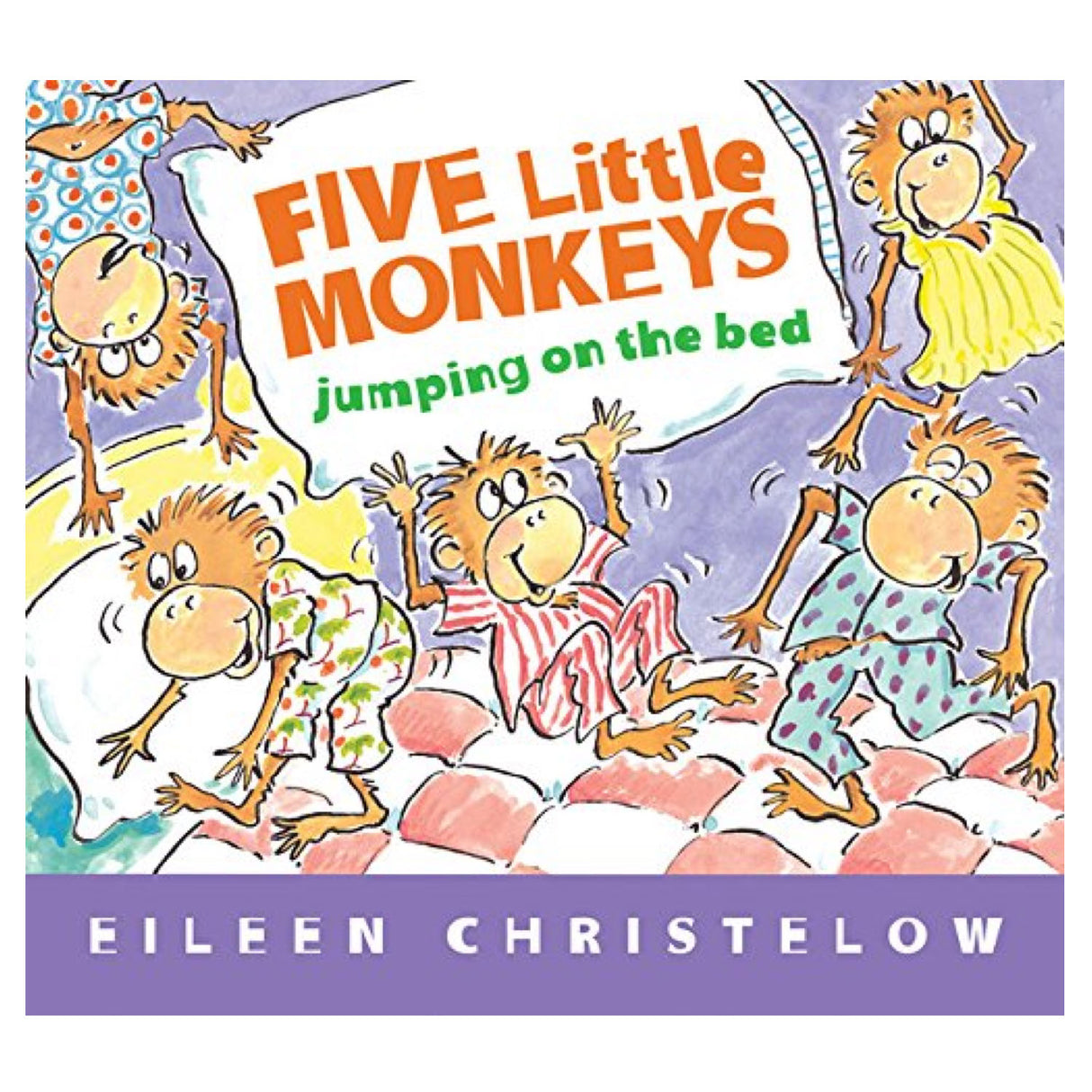 Five Little Monkeys book cover showing five playful monkeys jumping on a bed in colorful pajamas.