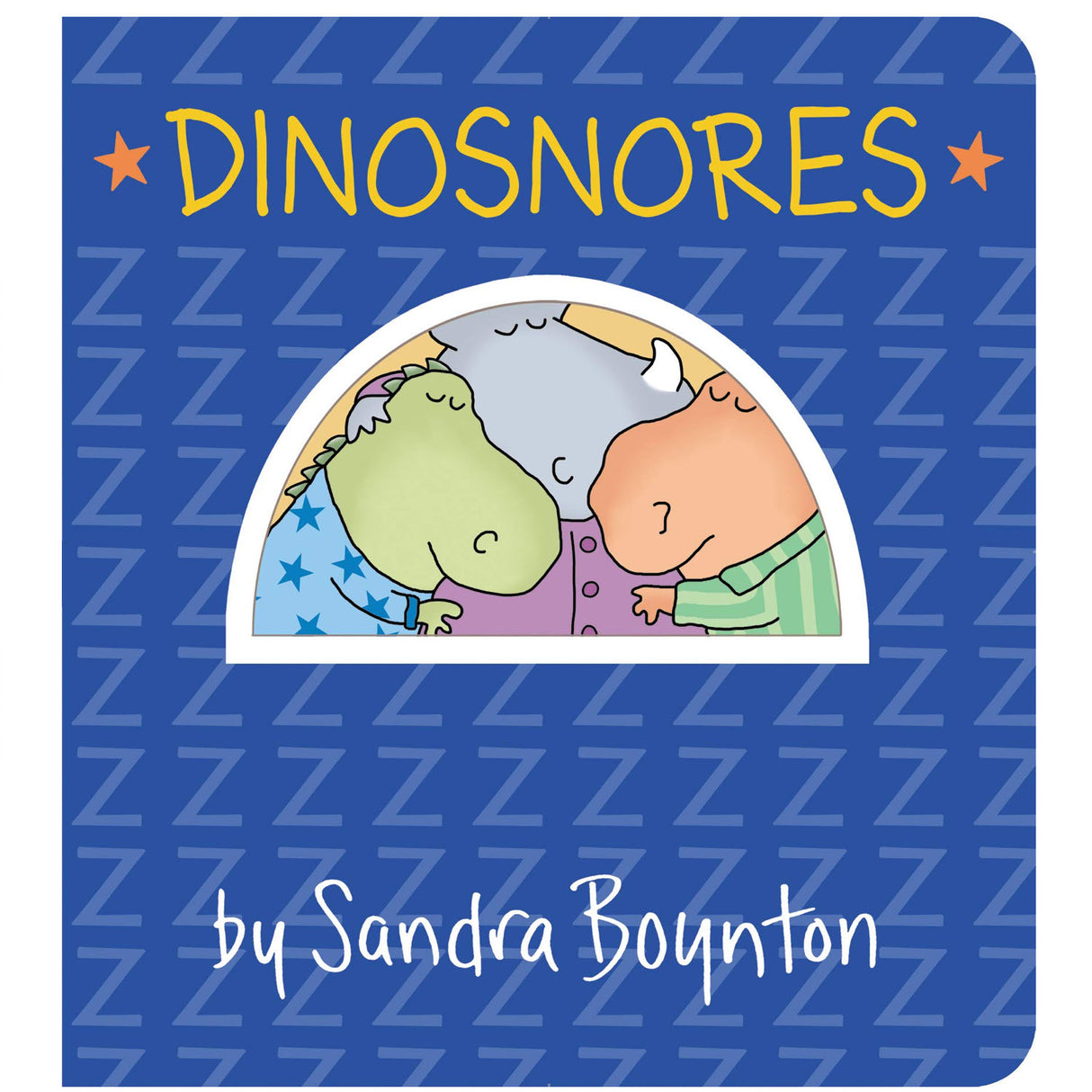 Dinosnores book cover with cute dinosaurs in pajamas sleeping peacefully on a blue background with Zzz letters.