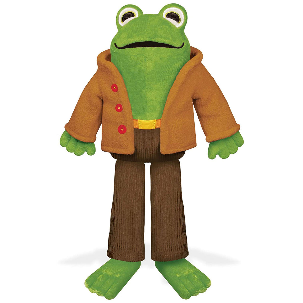 Frog plush with bright green body, camel coat with red buttons, brown pants, and embroidered eyes, perfect for cuddling.
