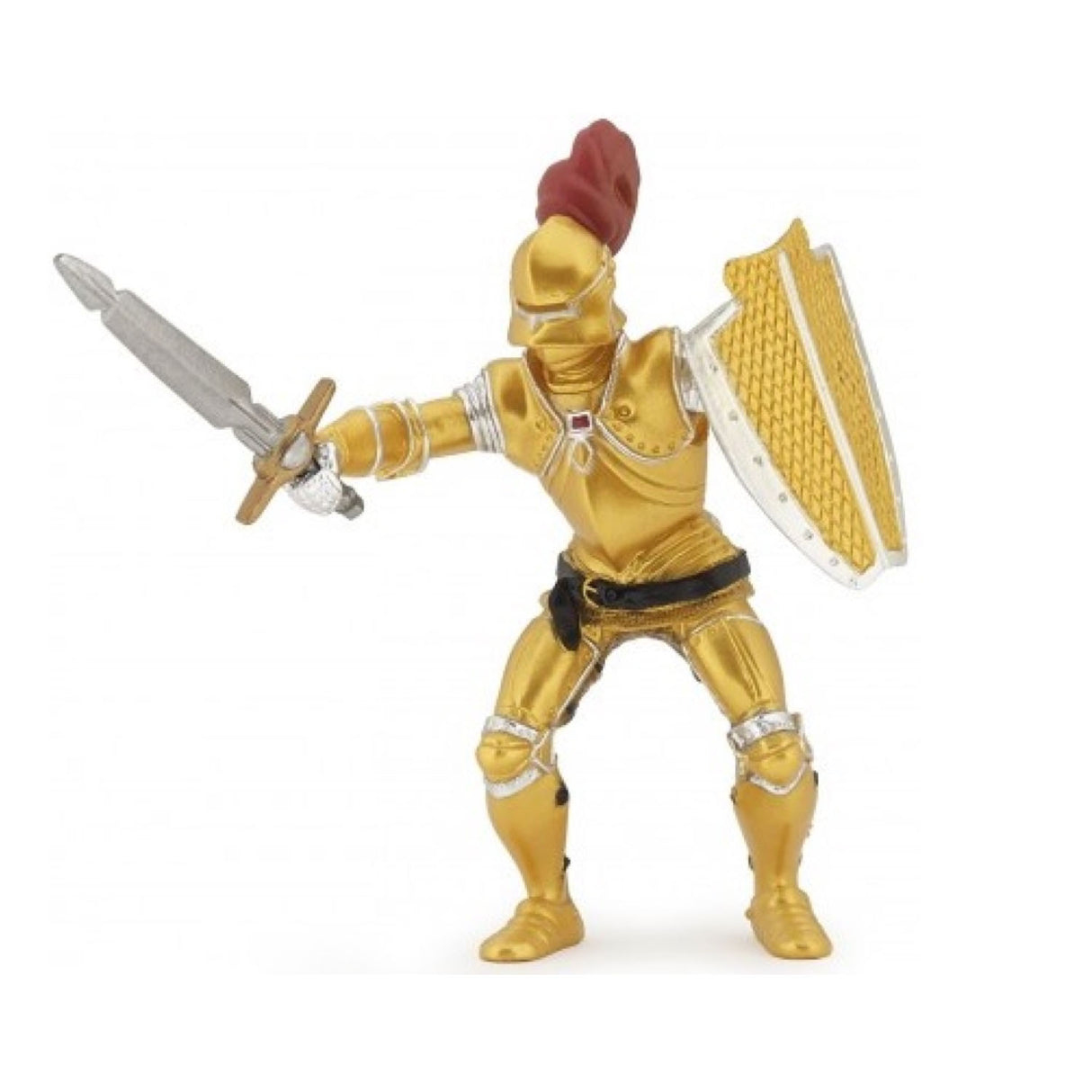 Gold Armor Knight figurine in golden armor holding sword and shield ready for battle or tournament display.