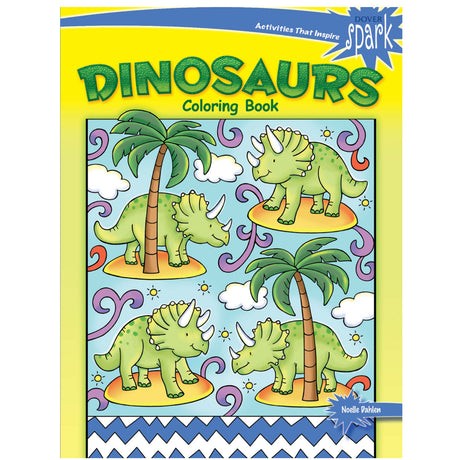 Dinosaurs Coloring Book cover with playful triceratops illustrations and tropical palm trees for kids ages 6 to 10.