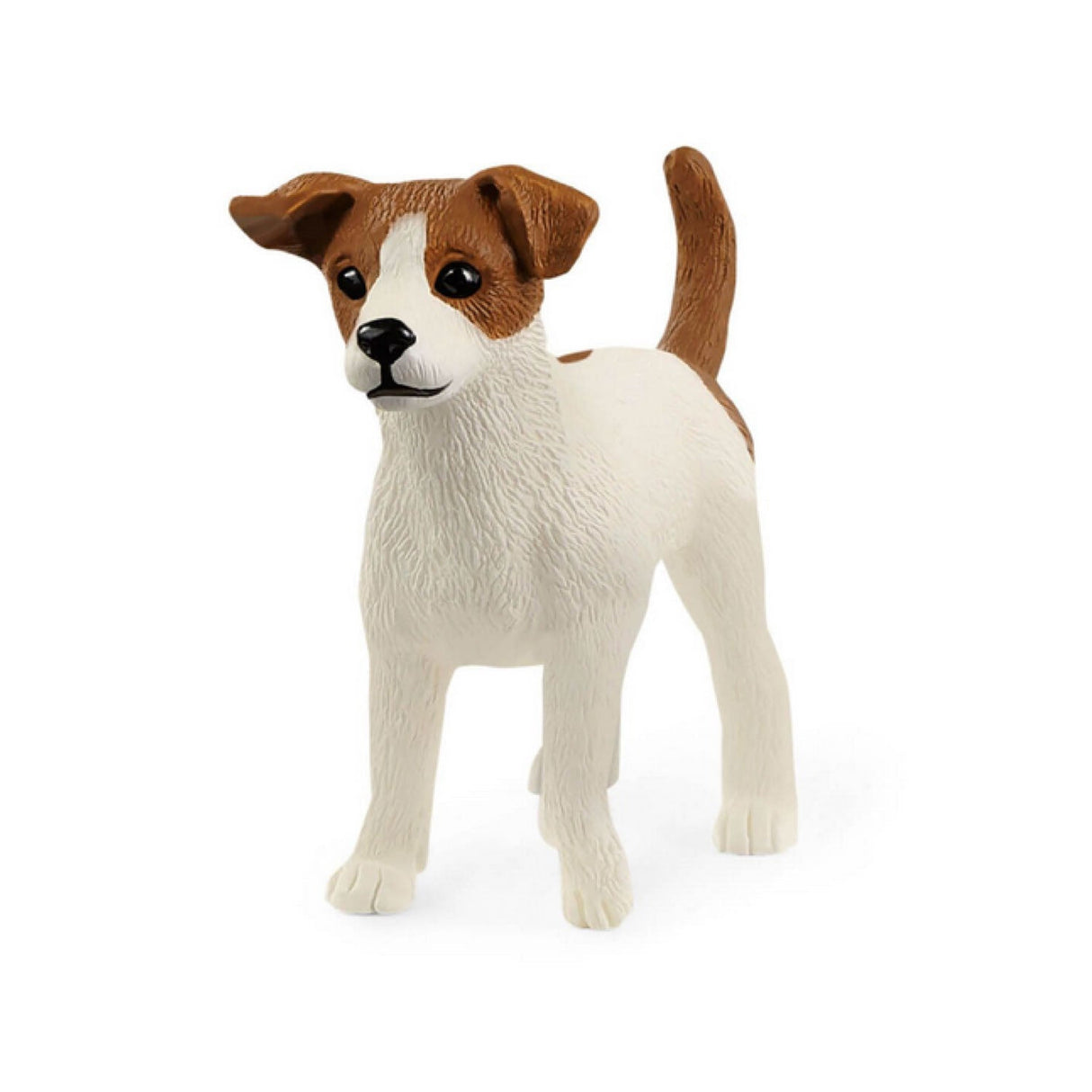 Jack Russell Terrier figurine with white and brown coat, v-shaped ears, standing alert, perfect for dog lovers.