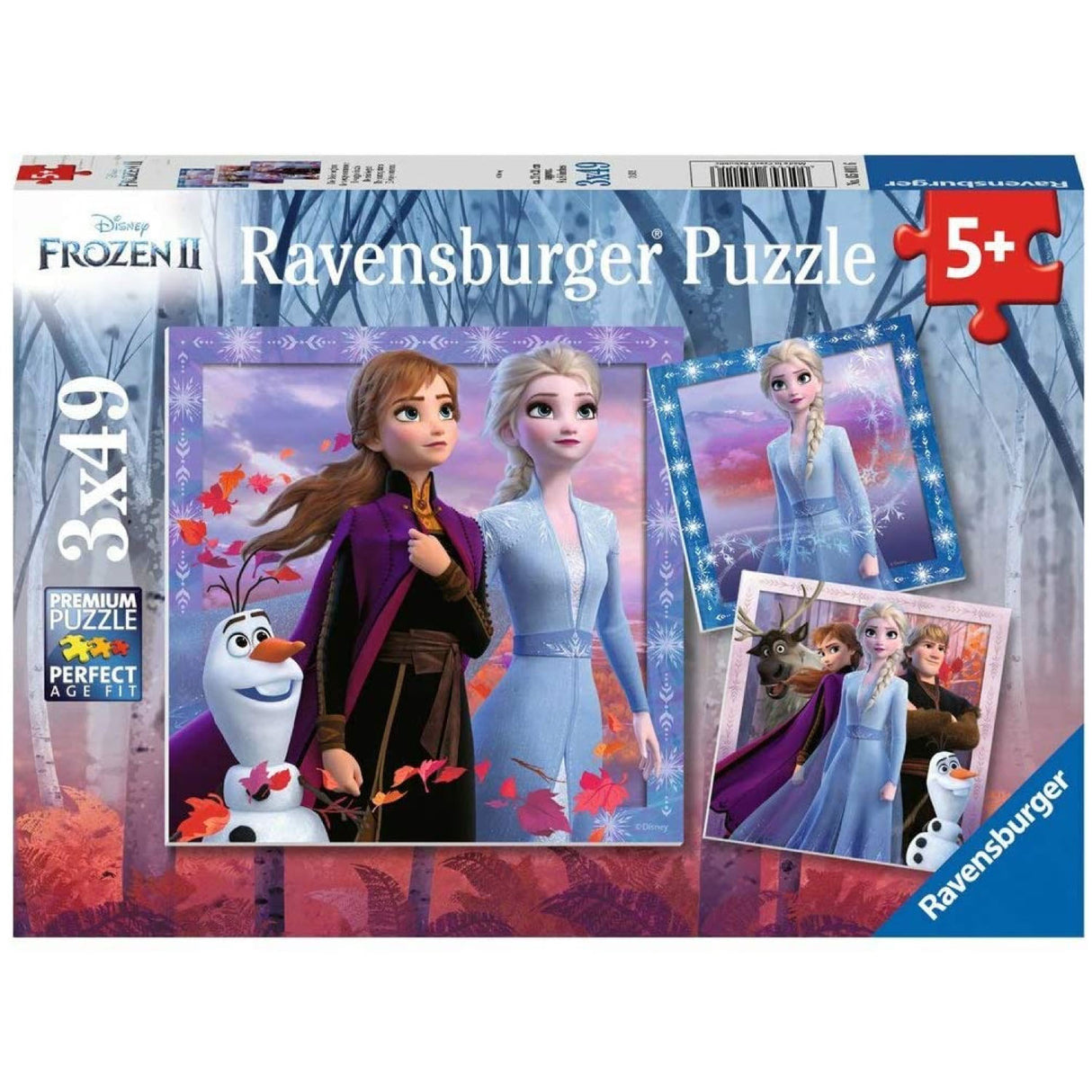 49pc Frozen Journey Puzzles featuring Disney Frozen II characters, suitable for ages 5+, Ravensburger quality.