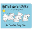 Hippos Go Beserk! board book cover with playful hippos and a yellow balloon on a blue background by Sandra Boynton.