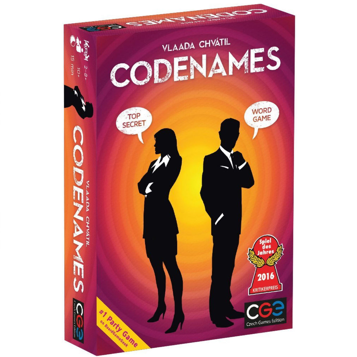 Codenames board game box featuring silhouetted spymasters with speech bubbles, a social word game for parties.