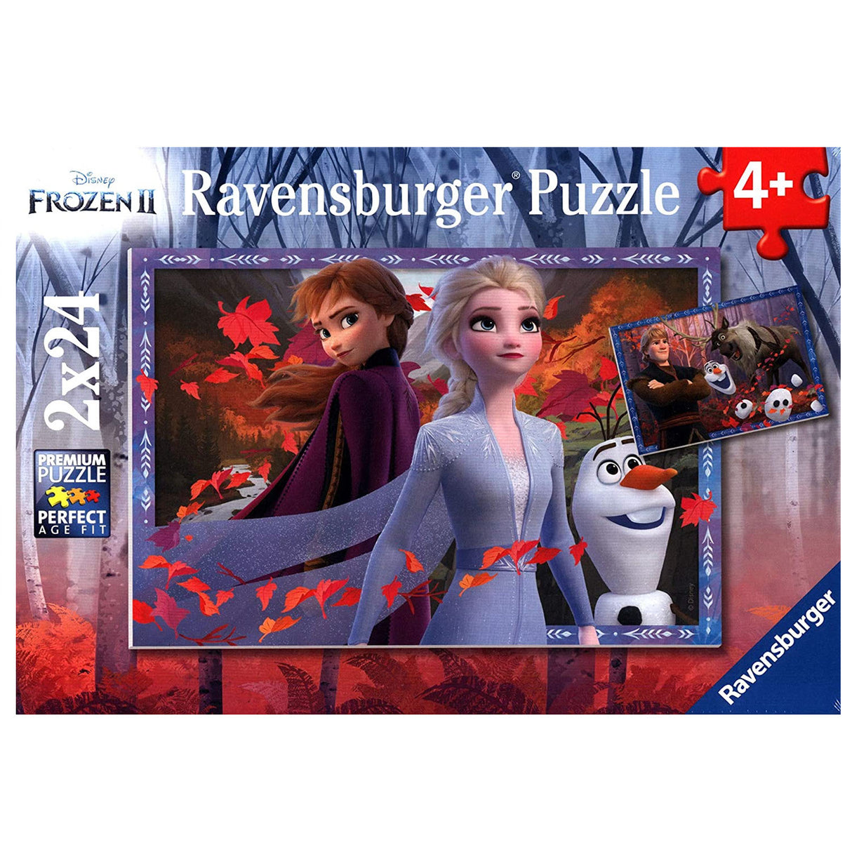 24pc Frozen Frosty Adventure Puzzles featuring Frozen II characters with 2x24 piece Ravensburger puzzles for ages 4 and up.