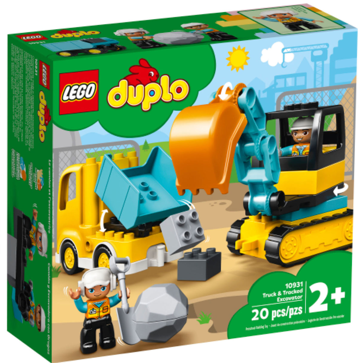 LEGO DUPLO Truck & Track Excavator set with construction truck, excavator, two worker figures, and toy boulder for toddlers.