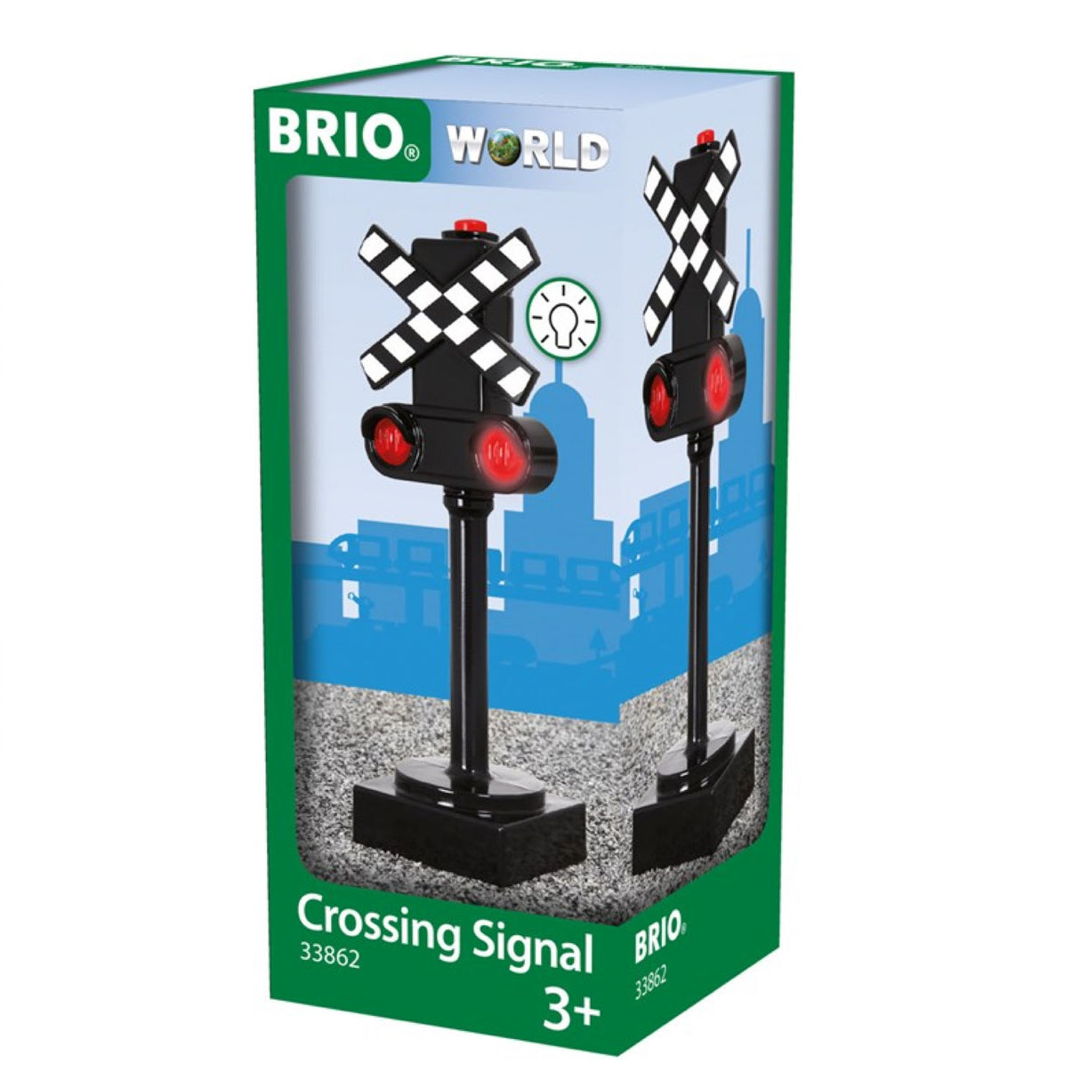 Crossing Signal toy with red blinking lights and railway crossing sign for children ages 3 and up.