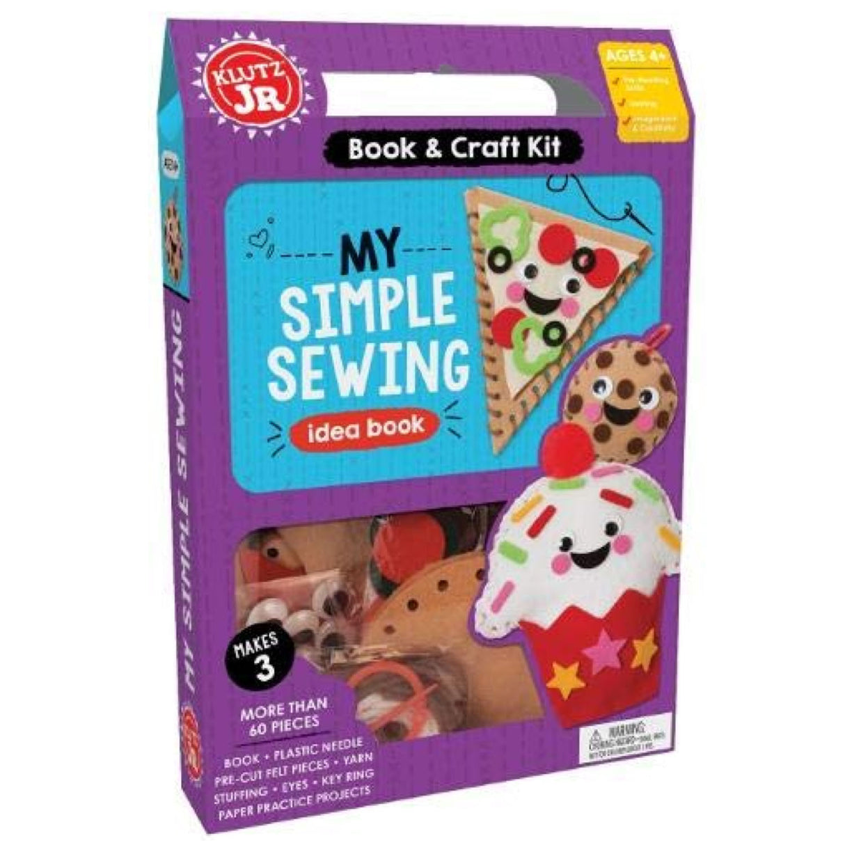 Jr My Simple Sewing kit with fun felt food projects, plastic needle, yarn, googly eyes, and step-by-step idea book.