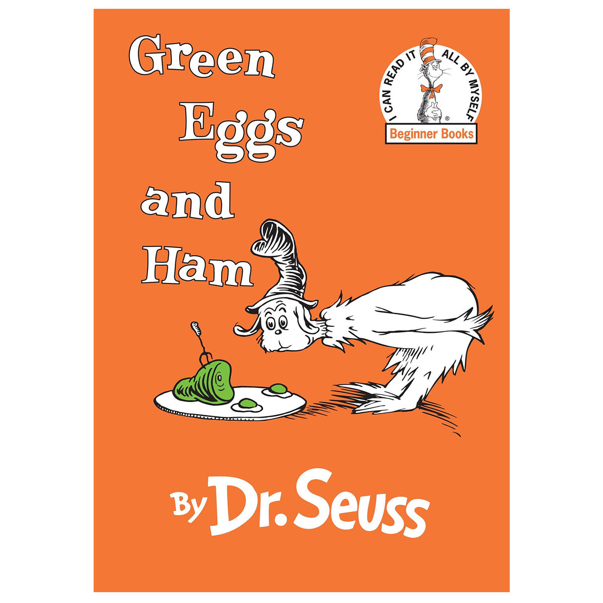 Green Eggs and Ham book cover by Dr. Seuss with Sam-I-am character and green eggs on a plate on orange background