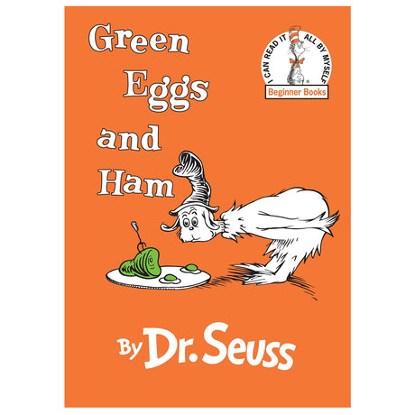 Green Eggs and Ham book cover by Dr. Seuss with Sam-I-am character and green eggs on a plate on orange background