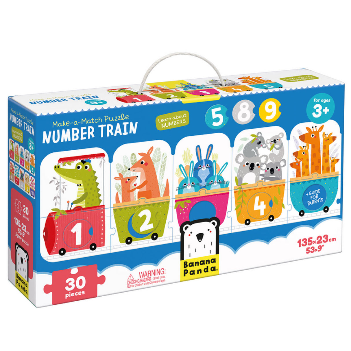 30pc Matching Number Train Floor Puzzle with colorful animal wagons to teach numbers and counting for ages 3 and up.