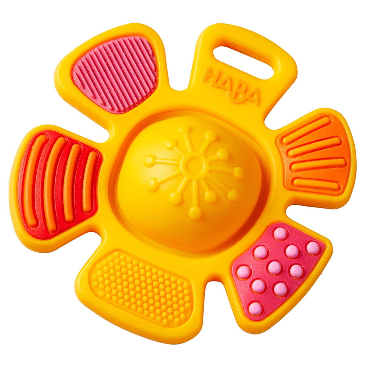 Popping Flower Silicone Teething Toy in yellow and pink with textured petals and a center popper for sensory play.