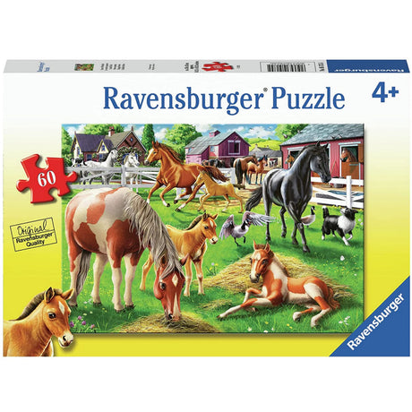 60pc Happy Horses Puzzle featuring colorful horses on a farm, designed for kids aged 4+ with durable, easy-to-clean pieces.