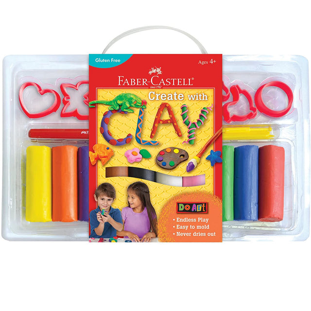 Create with Clay modeling kit with 10 vibrant colors, shape cutters, texture plates, and reusable storage case for kids.