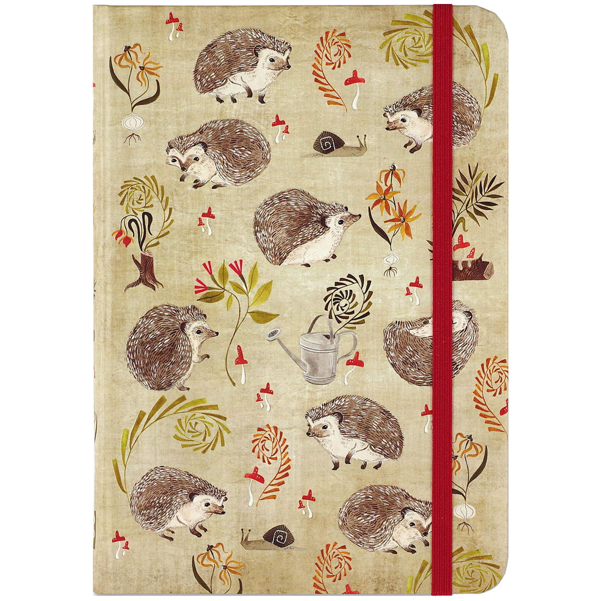 Hedgehogs Journal with woodland hedgehog, snail, and mushroom designs, red elastic band closure, and matte cover.