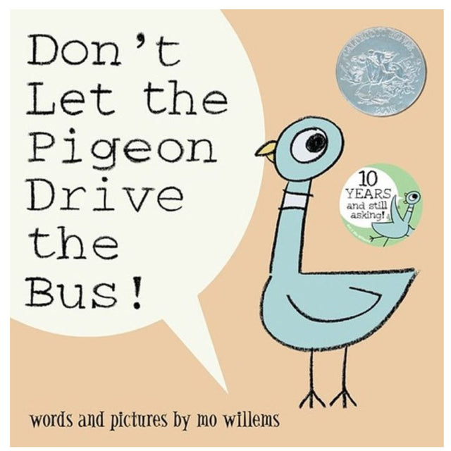Cover of the book Don't Let the Pigeon Drive the Bus showing a blue pigeon and the title text in a speech bubble.