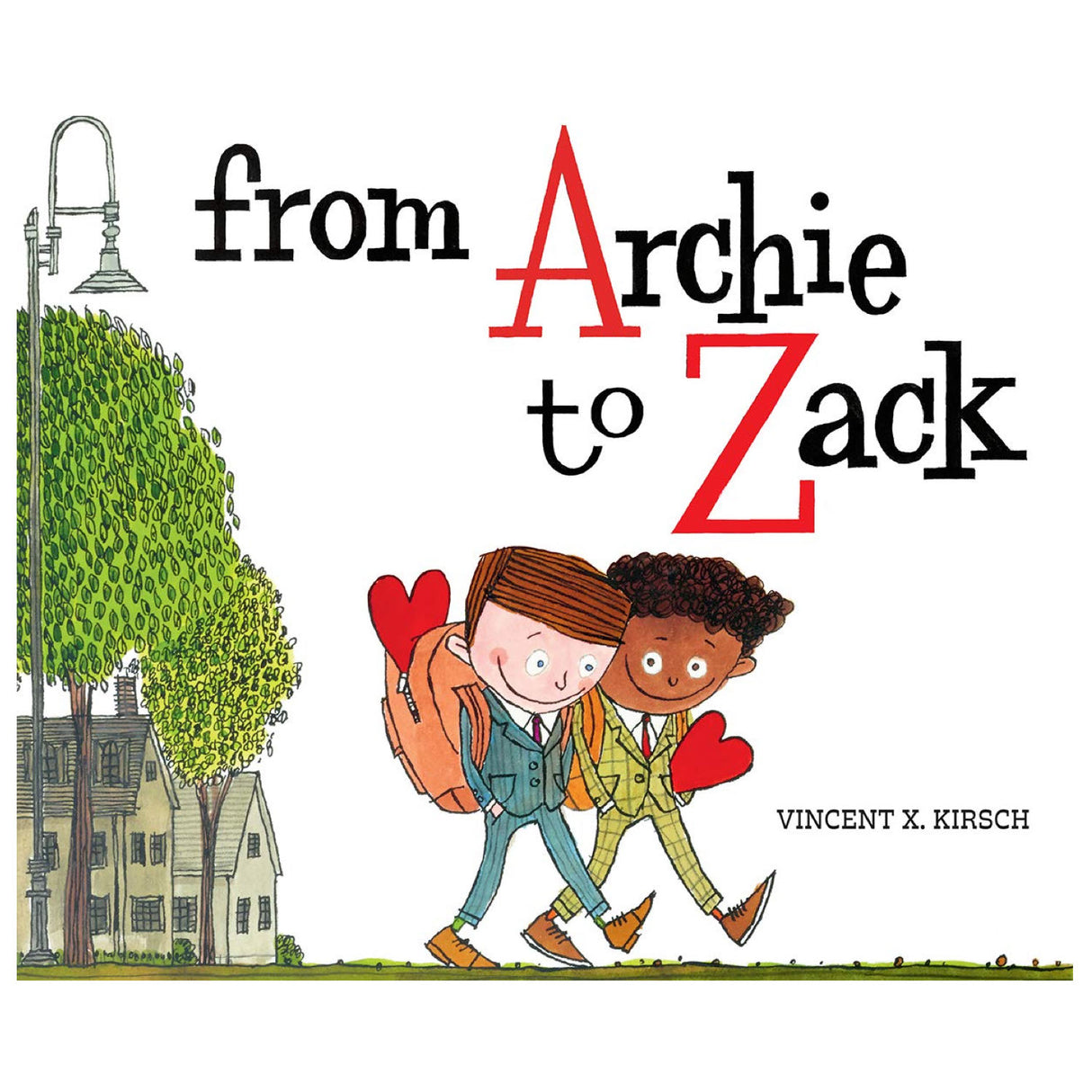 Cover of From Archie to Zack shows two boys walking arm in arm holding hearts, celebrating young queer love.