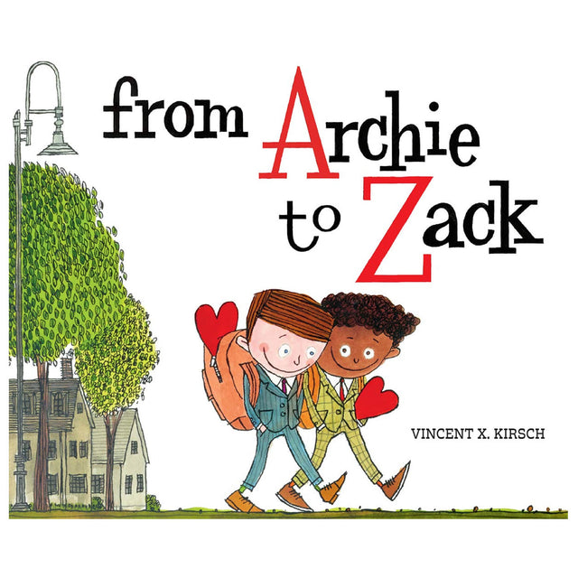 Cover of From Archie to Zack shows two boys walking arm in arm holding hearts, celebrating young queer love.