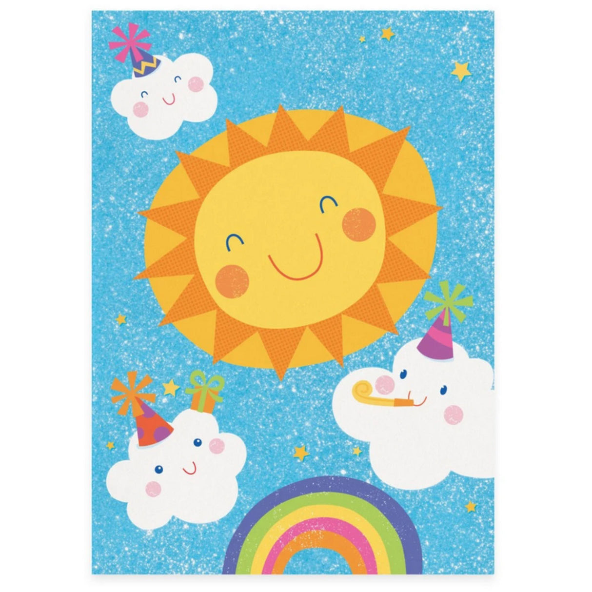 Happy Sun Glitter Card with smiling sun, glittery sky, rainbow, and cheerful party clouds on bright blue background.
