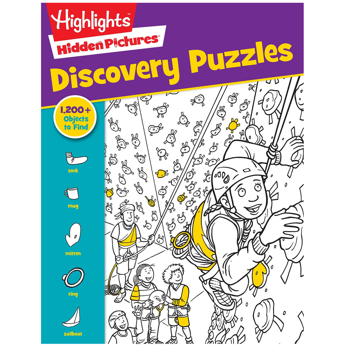 Highlights Hidden Pictures Discovery Puzzles book cover showing kids rock climbing and hidden objects to find.