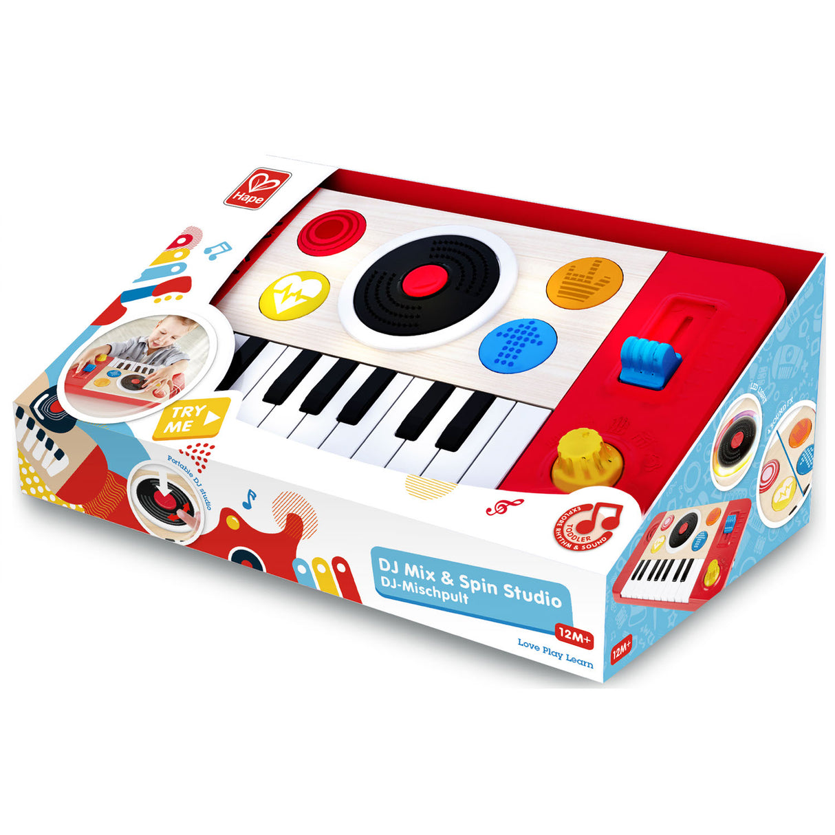 DJ Mix & Spin Studio portable toddler DJ set with keyboard, record, and buttons for music and sound effects.