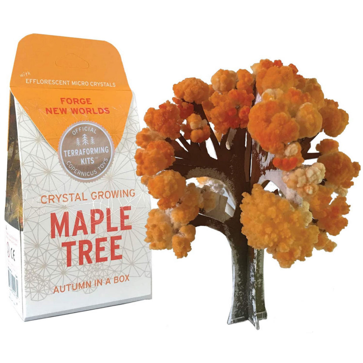 Crystal Grow Maple Tree kit with orange crystal foliage creating a miniature autumn hardwood display.