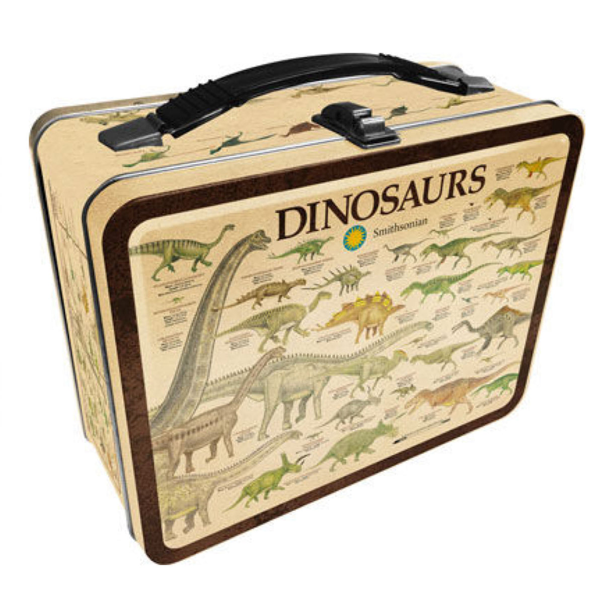 Dinosaurs Tin Fun Box with 3D embossed front cover featuring various dinosaur illustrations and a sturdy handle and latch.