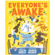 Cover of Everyone's Awake showing chaotic bedtime scene with family, pets, and flying objects in bright yellow background.