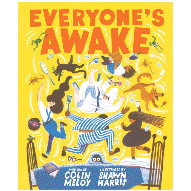 Cover of Everyone's Awake showing chaotic bedtime scene with family, pets, and flying objects in bright yellow background.