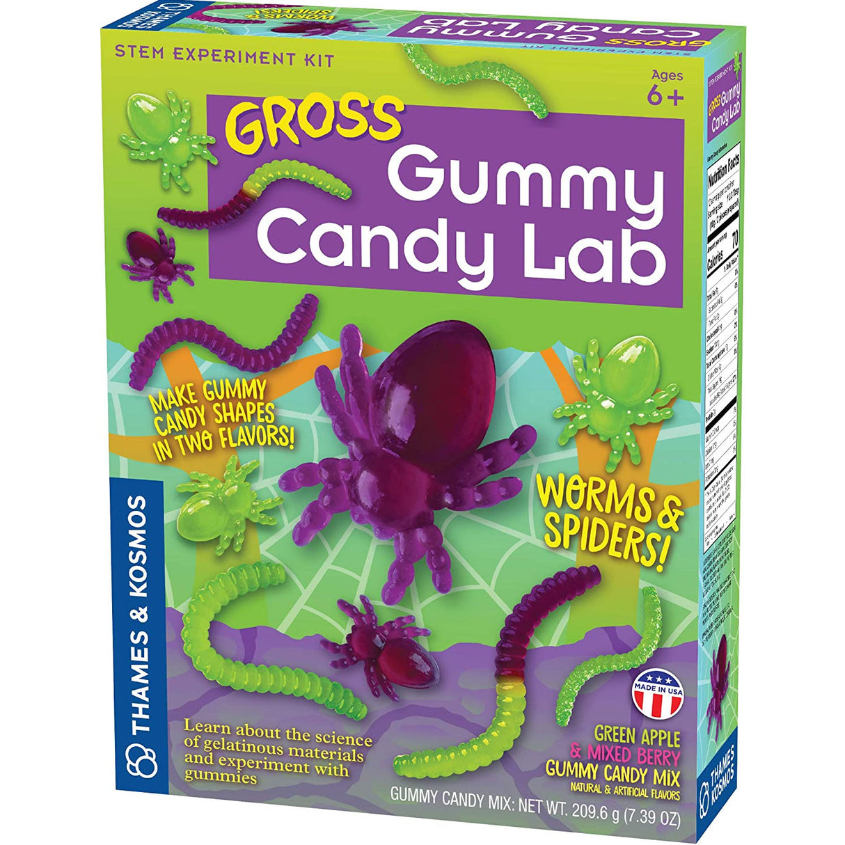 Gross Gummy Candy Lab product box with gummy worm and spider shapes in green apple and mixed berry flavors.